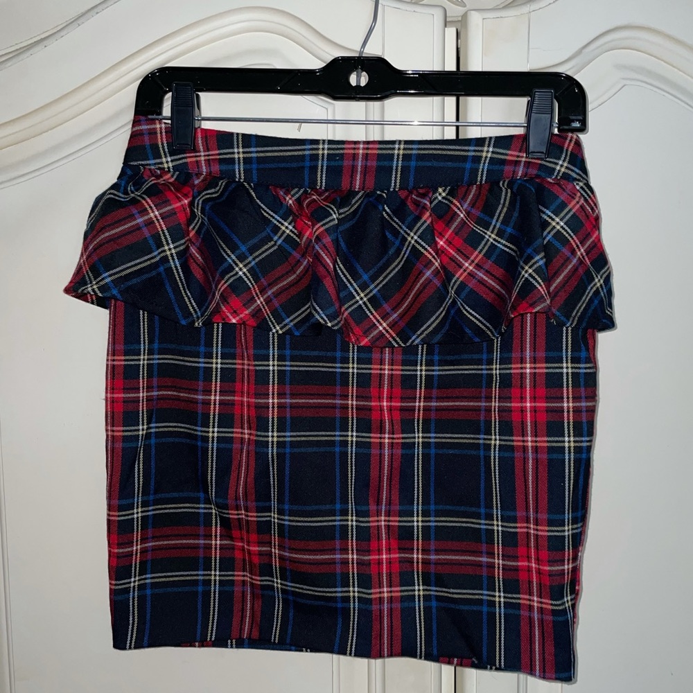 Body central red & green peplum plaid skirt